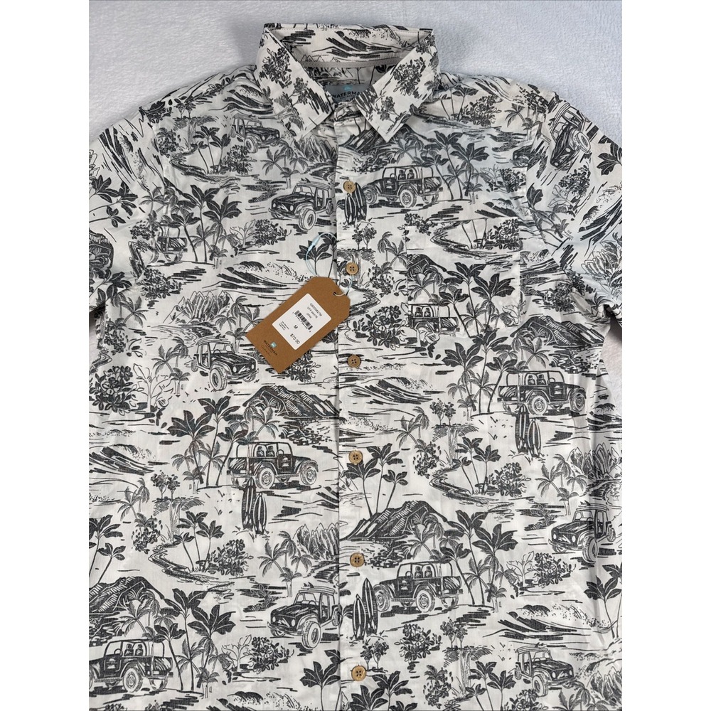 New Quicksilver Men's M Waterman Off White Jeep Surf Reverse Print SS Button Up